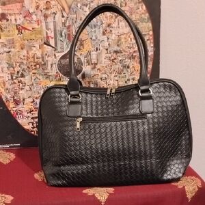 Large Elegant Black Vegan Woven Handbag